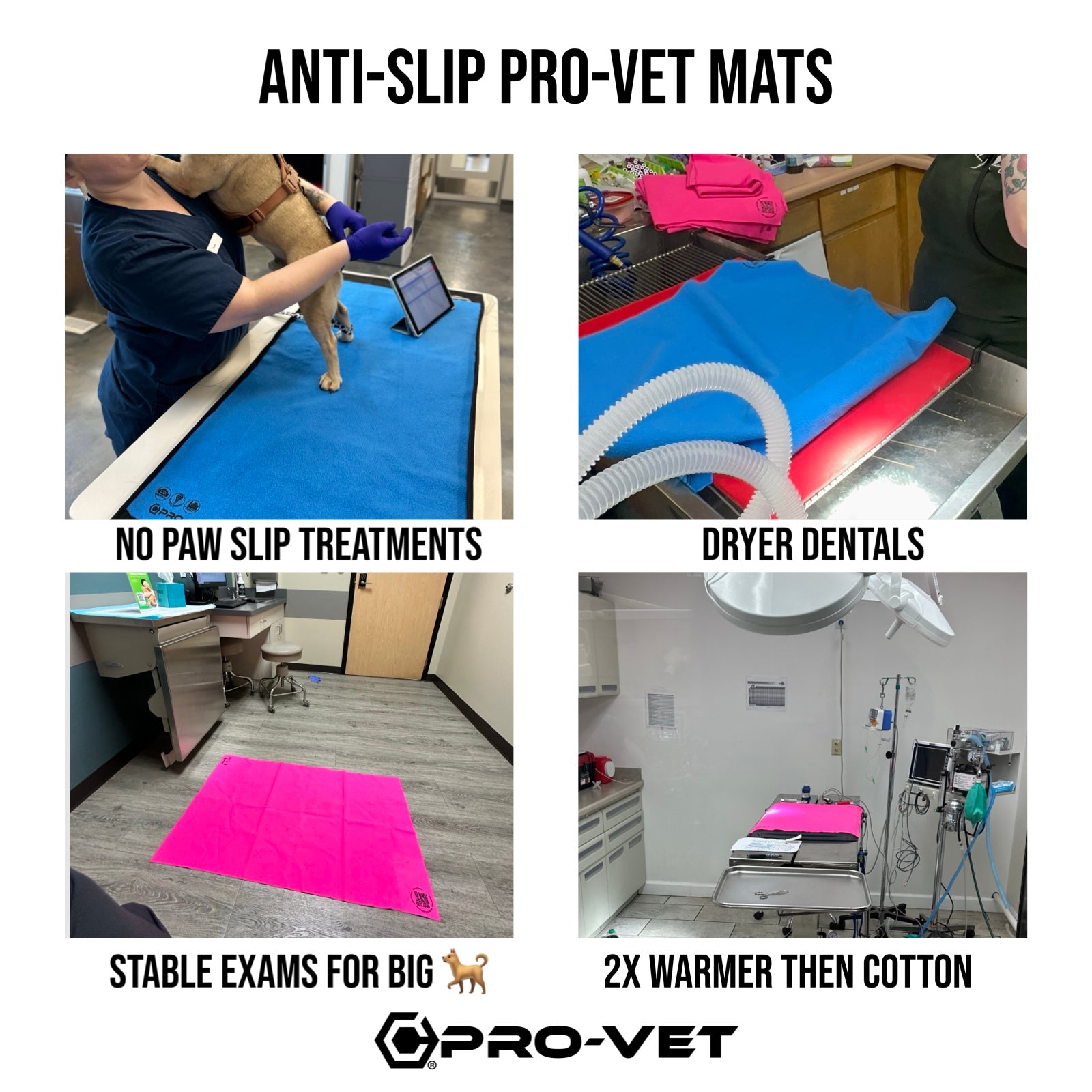 Promotional image of Pro-Vet anti-slip mats with various uses in veterinary settings.