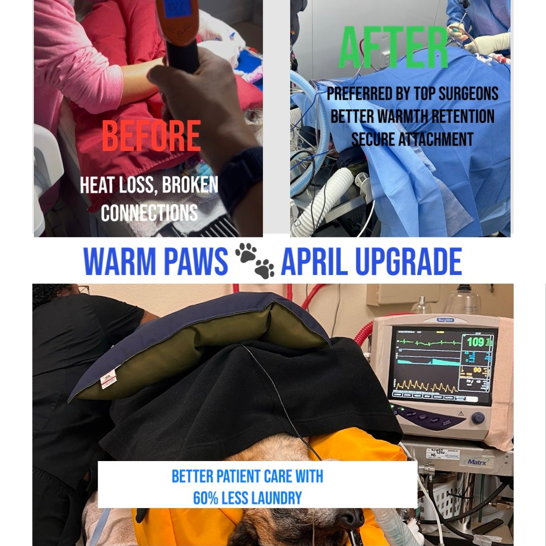 Promotional image of Pro-Vet air huggers and warming blankets with text and before-and-after scenarios.