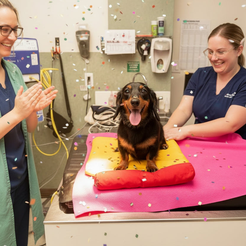 Dog on a medical table in an operating room with medical equipment around