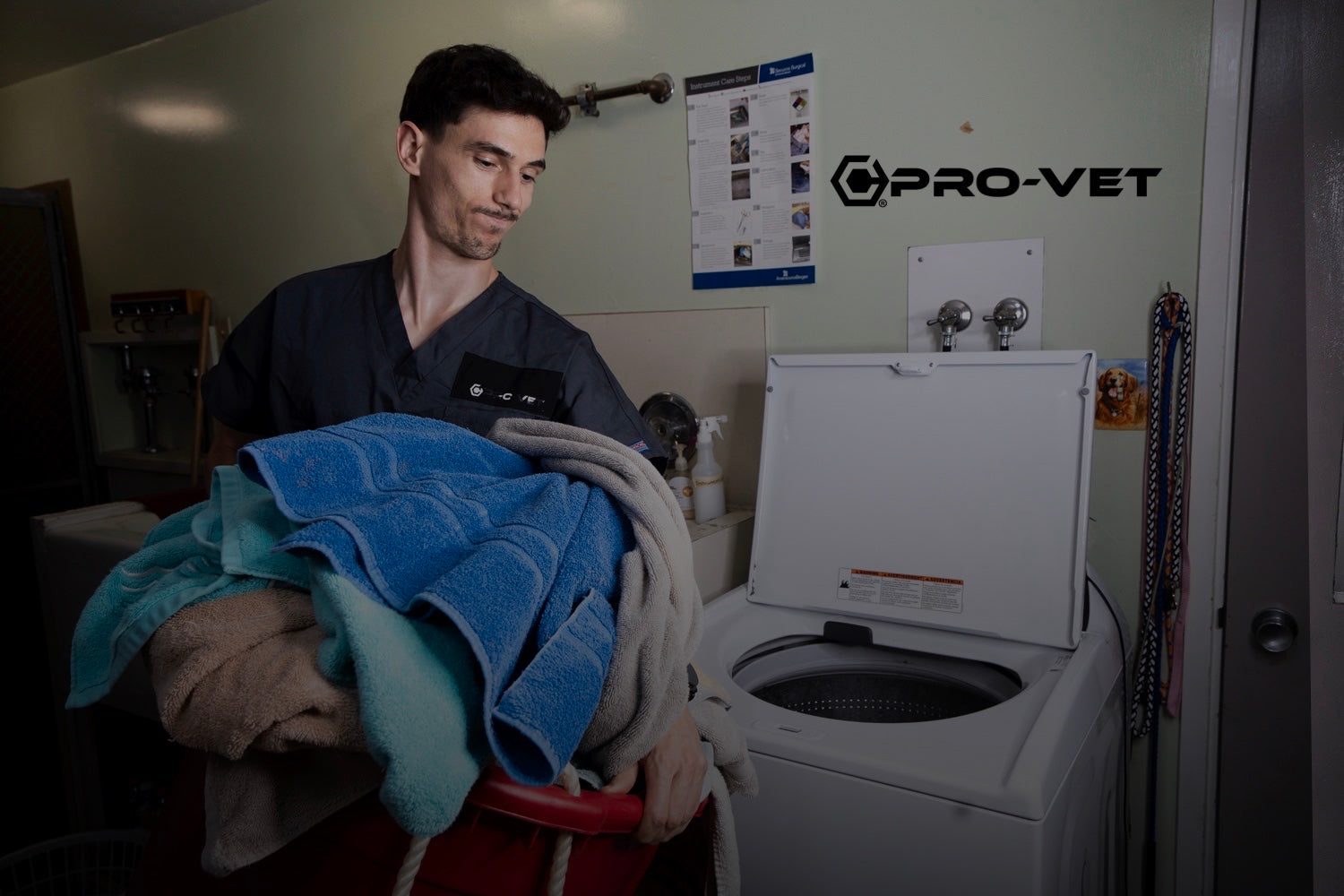 RVT VET TECT holding a basket of towels in a veterinary clinic with Pro-Vet branding.